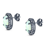 Halo Art Deco Oval Stud Earring Simulated Cubic Zirconia Created Opal Solid 925 Sterling Silver (15mm)