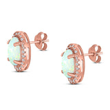 Halo Art Deco Oval Stud Earring Simulated Cubic Zirconia Created Opal Solid 925 Sterling Silver (15mm)