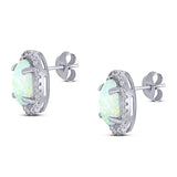 Halo Art Deco Oval Stud Earring Simulated Cubic Zirconia Created Opal Solid 925 Sterling Silver (15mm)