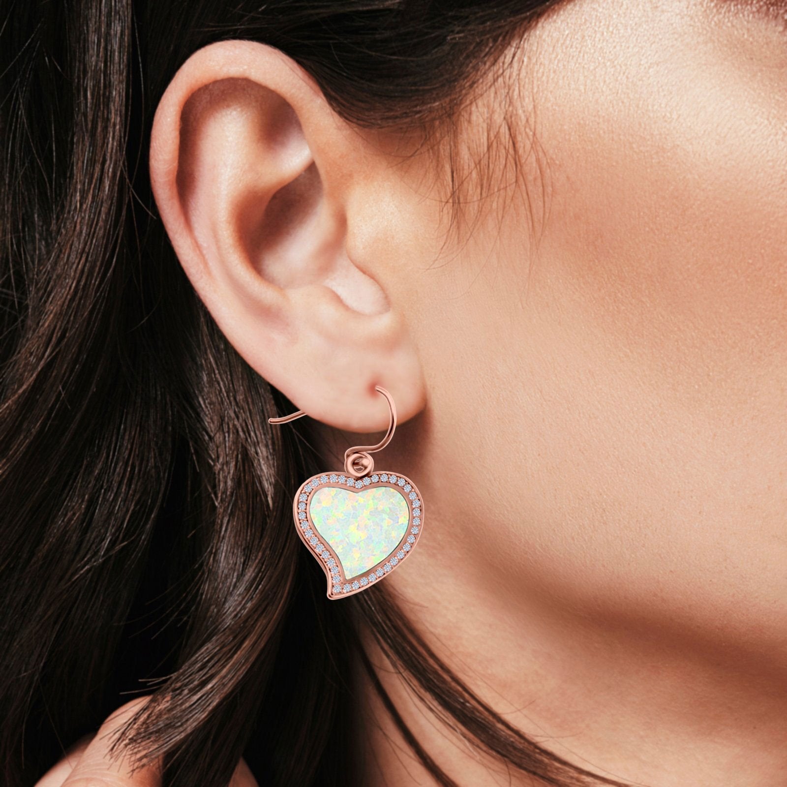 Heart Drop Dangle Earrings Created Opal 925 Sterling Silver (19mm)