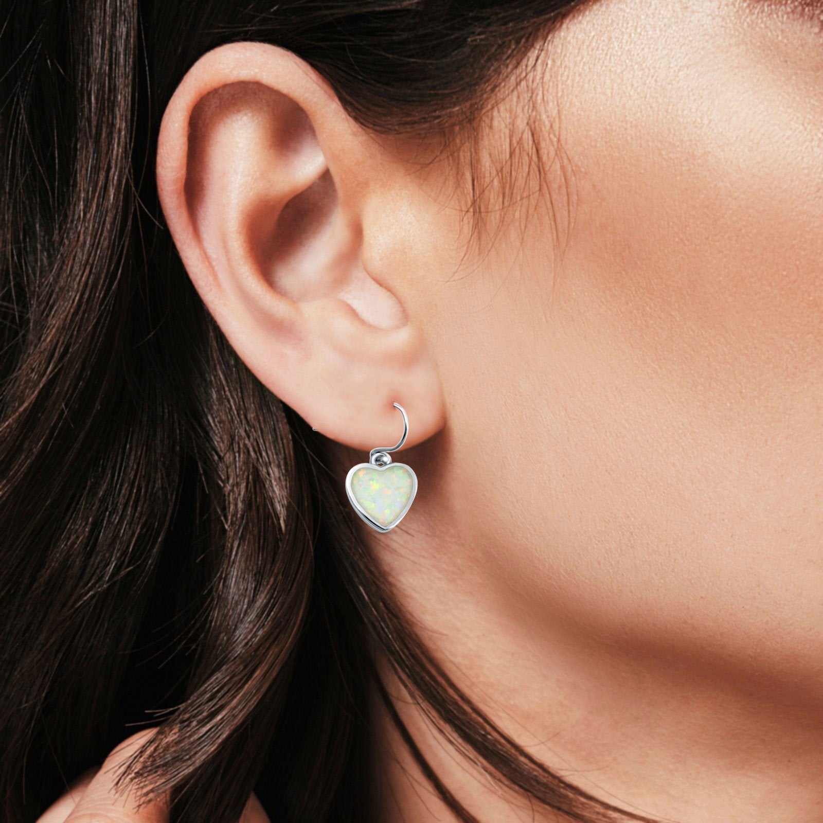 Drop Dangle Heart Earrings Created Opal 925 Sterling Silver (9mm)