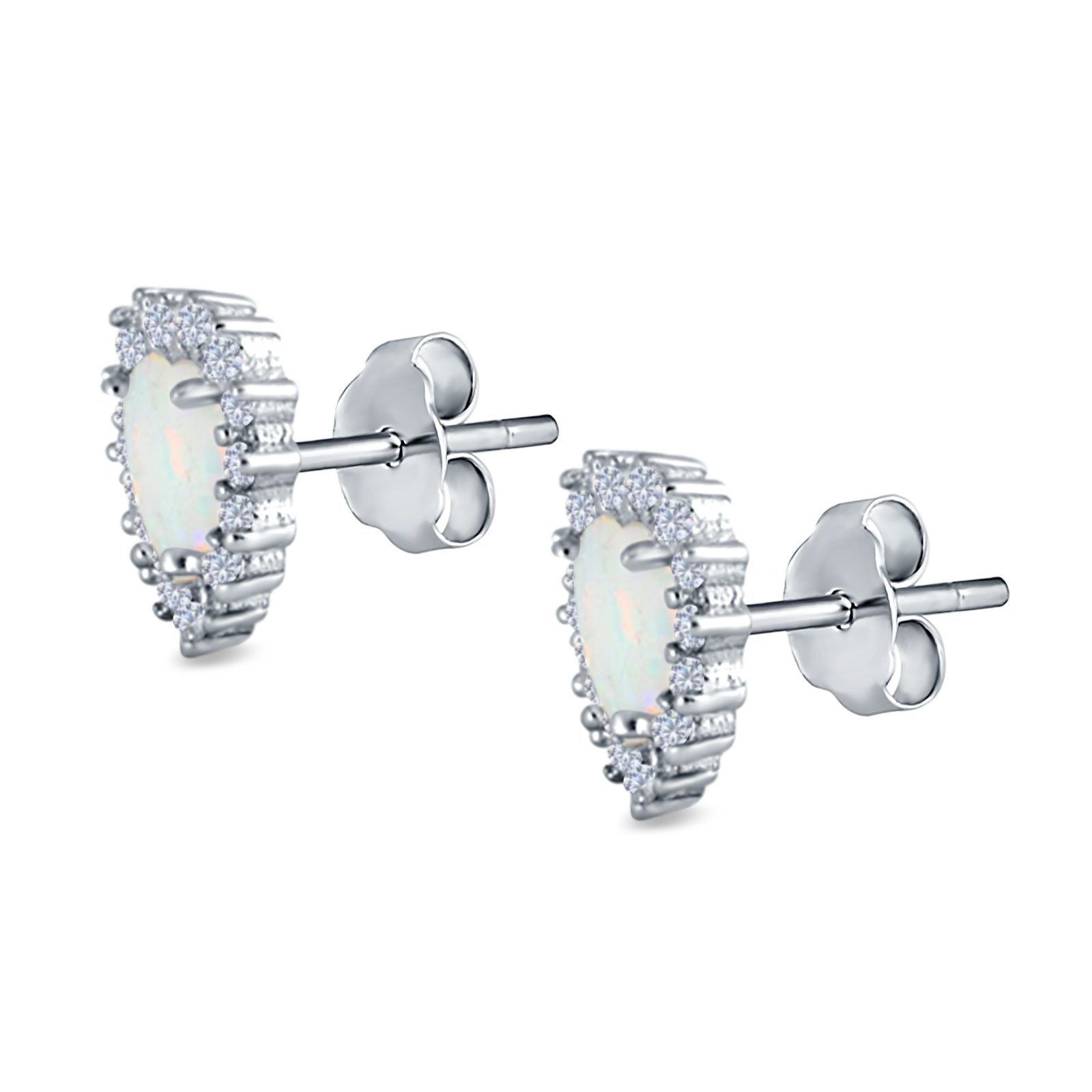 Halo Art Deco Heart Stud Earrings Created Opal 925 Sterling Silver (12mm)