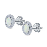 Double Halo Stud Earrings Oval Lab Created Opal 925 Sterling Silver