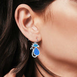 Dangling Cat Earrings Fish Hook Lab Created Opal 925 Sterling Silver (19mm)