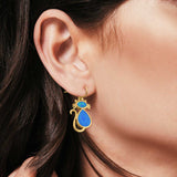 Dangling Cat Earrings Fish Hook Lab Created Opal 925 Sterling Silver (19mm)