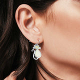 Dangling Cat Earrings Fish Hook Lab Created Opal 925 Sterling Silver (19mm)
