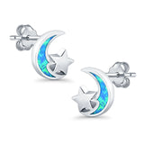 Moon & Star Stud Earrings Created Opal 925 Sterling Silver (8mm)