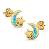 Moon & Star Stud Earrings Created Opal 925 Sterling Silver (8mm)