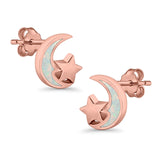 Moon & Star Stud Earrings Created Opal 925 Sterling Silver (8mm)