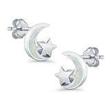 Moon & Star Stud Earrings Created Opal 925 Sterling Silver (8mm)