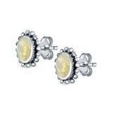 Flower Oval Shape Stud Earrings Lab Created Opal 925 Sterling Silver (9mm)