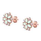 Flower Stud Earring Simulated Cubic Zirconia Created Opal Solid 925 Sterling Silver (9mm)