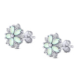 Flower Stud Earring Simulated Cubic Zirconia Created Opal Solid 925 Sterling Silver (9mm)