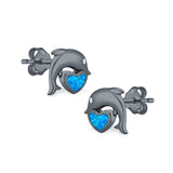 Dolphin Heart Stud Earrings Simulated CZ Lab Created Opal 925 Sterling Silver (7mm)