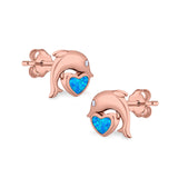 Dolphin Heart Stud Earrings Simulated CZ Lab Created Opal 925 Sterling Silver (7mm)