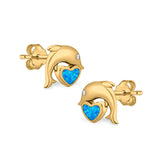 Dolphin Heart Stud Earrings Simulated CZ Lab Created Opal 925 Sterling Silver (7mm)