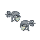 Dolphin Heart Stud Earrings Simulated CZ Lab Created Opal 925 Sterling Silver (7mm)