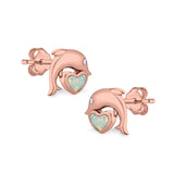 Dolphin Heart Stud Earrings Simulated CZ Lab Created Opal 925 Sterling Silver (7mm)
