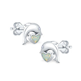 Dolphin Heart Stud Earrings Simulated CZ Lab Created Opal 925 Sterling Silver (7mm)