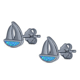 Sail Boat Stud Earring Created Opal Solid 925 Sterling Silver (9mm)