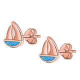 Sail Boat Stud Earring Created Opal Solid 925 Sterling Silver (9mm)