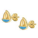 Sail Boat Stud Earring Created Opal Solid 925 Sterling Silver (9mm)