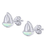 Sail Boat Stud Earring Created Opal Solid 925 Sterling Silver (9mm)