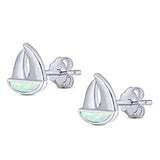 Sail Boat Stud Earring Created Opal Solid 925 Sterling Silver (9mm)