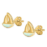 Sail Boat Stud Earring Created Opal Solid 925 Sterling Silver (9mm)