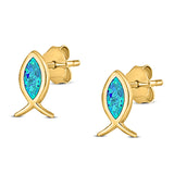 Fish Stud Earring Created Opal Solid 925 Sterling Silver (8.6mm)