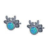 Deer Stud Earring Created Opal Solid 925 Sterling Silver (7.4mm)