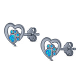 Heart & Paw Print Stud Earring Created Opal Solid 925 Sterling Silver (9.1mm)