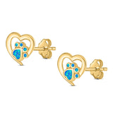 Heart & Paw Print Stud Earring Created Opal Solid 925 Sterling Silver (9.1mm)