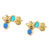 Lucky Honey Bee Print Stud Earring Created Opal Solid 925 Sterling Silver (8.7mm)