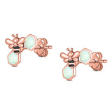 Lucky Honey Bee Print Stud Earring Created Opal Solid 925 Sterling Silver (8.7mm)