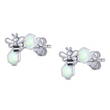 Lucky Honey Bee Print Stud Earring Created Opal Solid 925 Sterling Silver (8.7mm)