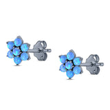 Art Deco Round Flower Design Stud Earring Created Opal Solid 925 Sterling Silver (6.3mm)