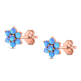 Art Deco Round Flower Design Stud Earring Created Opal Solid 925 Sterling Silver (6.3mm)