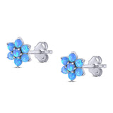 Art Deco Round Flower Design Stud Earring Created Opal Solid 925 Sterling Silver (6.3mm)