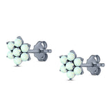 Art Deco Round Flower Design Stud Earring Created Opal Solid 925 Sterling Silver (6.3mm)