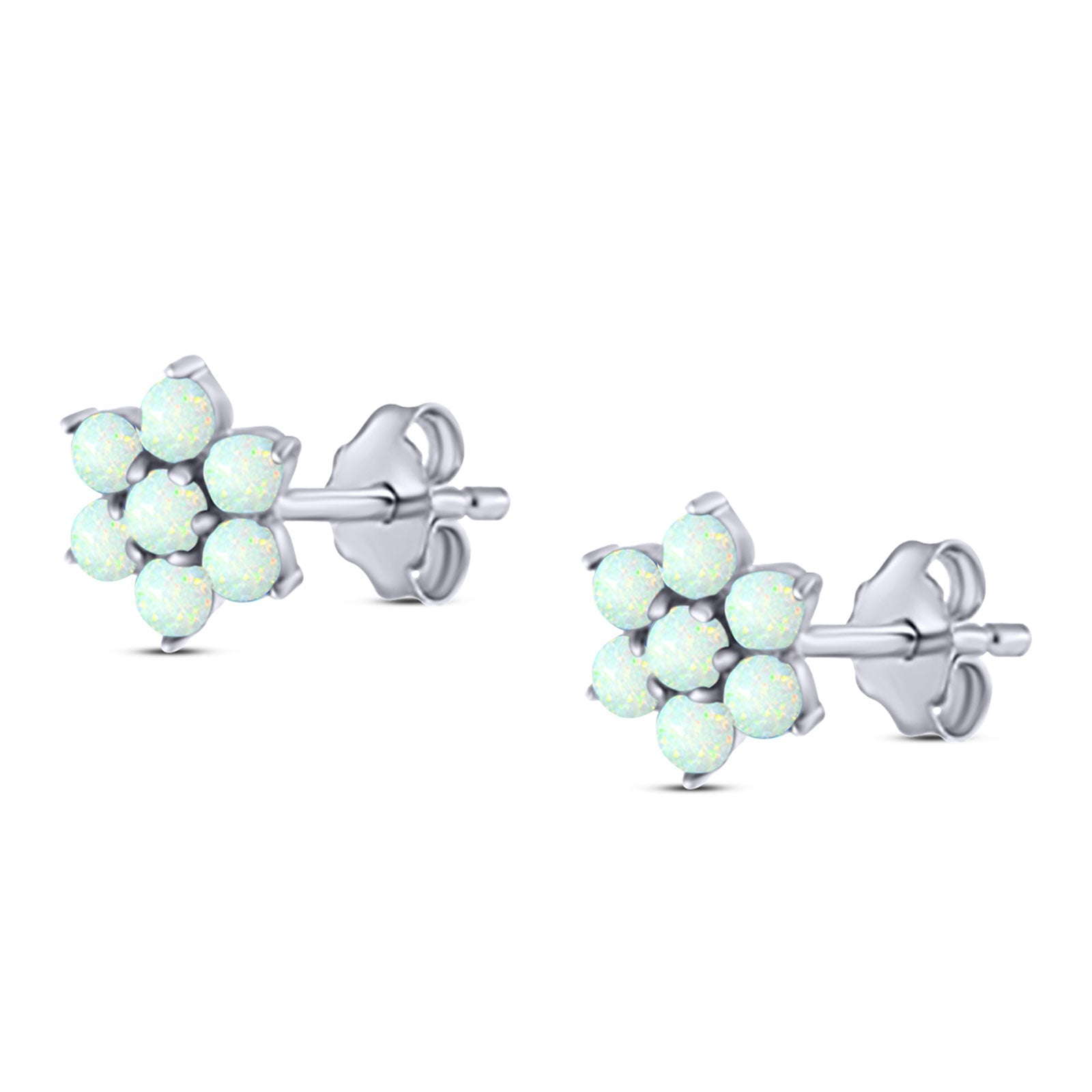 Art Deco Round Flower Design Stud Earring Created Opal Solid 925 Sterling Silver (6.3mm)