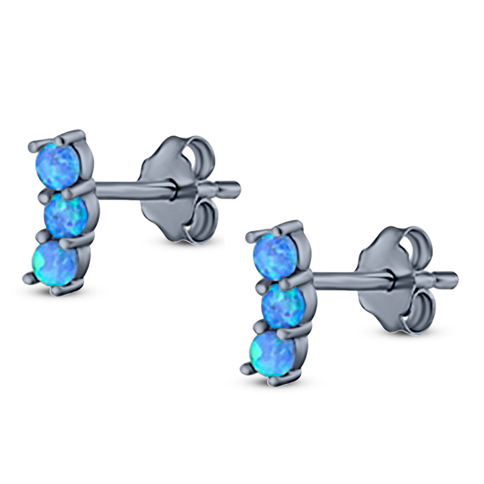 Art Deco Three Stone Style Stud Earring Round Created Opal Solid 925 Sterling Silver (7mm)
