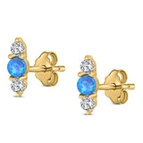 Art Deco Three Stone Stud Earring Simulated Cubic Zirconia Created Opal Solid 925 Sterling Silver (9mm)