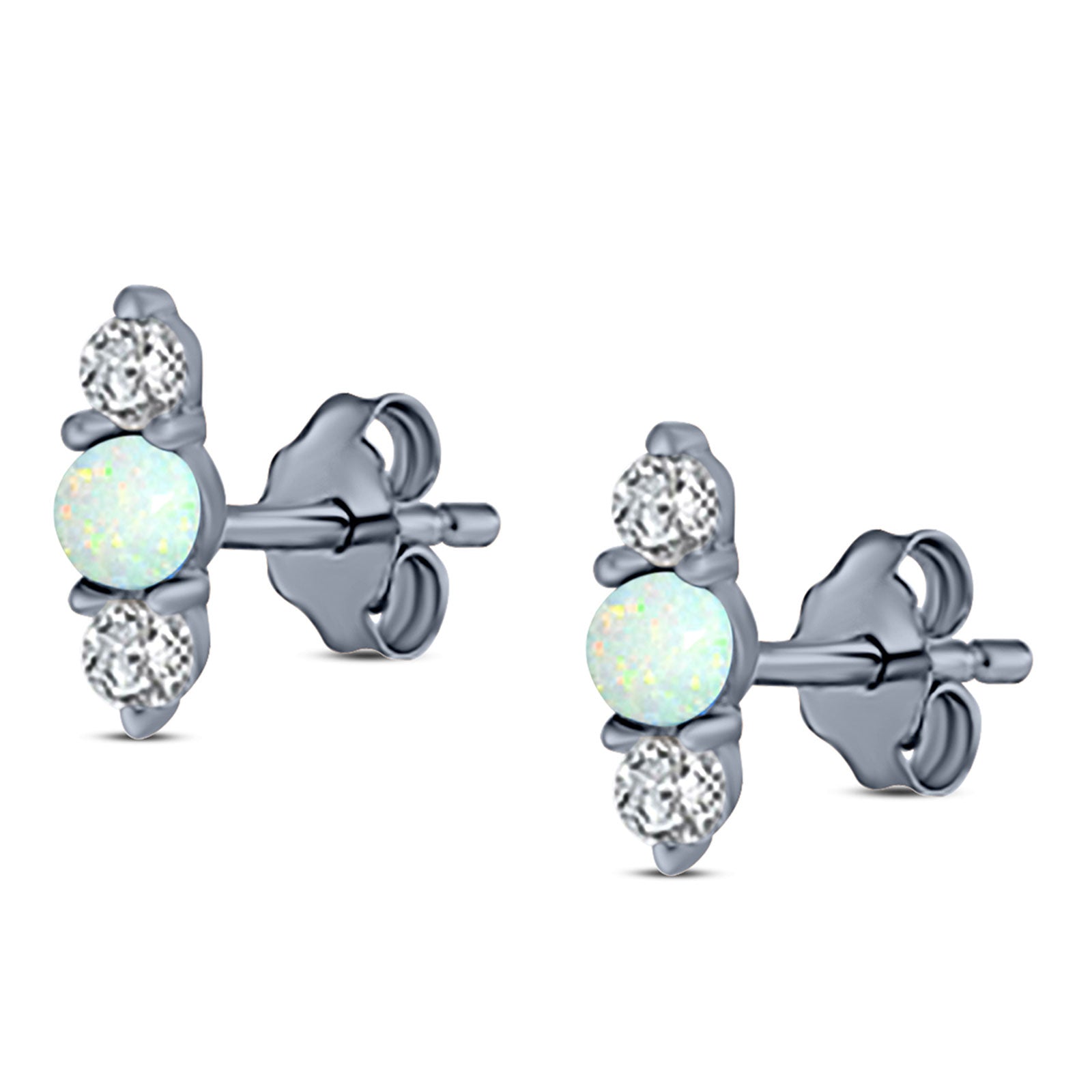 Art Deco Three Stone Stud Earring Simulated Cubic Zirconia Created Opal Solid 925 Sterling Silver (9mm)