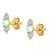 Art Deco Three Stone Stud Earring Simulated Cubic Zirconia Created Opal Solid 925 Sterling Silver (9mm)