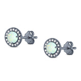 Halo Art Deco Stud Earring Round Simulated Cubic Zirconia Created Opal Solid 925 Sterling Silver (8.2mm)