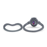 Oval Two Piece Halo Round Simulated Cubic Zirconia Ring 925 Sterling Silver