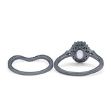 Oval Two Piece Halo Round Simulated Cubic Zirconia Ring 925 Sterling Silver