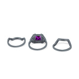 Princess Cut Vintage Art Deco Three Piece Bridal Set Wedding Ring Band Round Simulated Cubic Zirconia 925 Sterling Silver