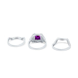 Princess Cut Vintage Art Deco Three Piece Bridal Set Wedding Ring Band Round Simulated Cubic Zirconia 925 Sterling Silver